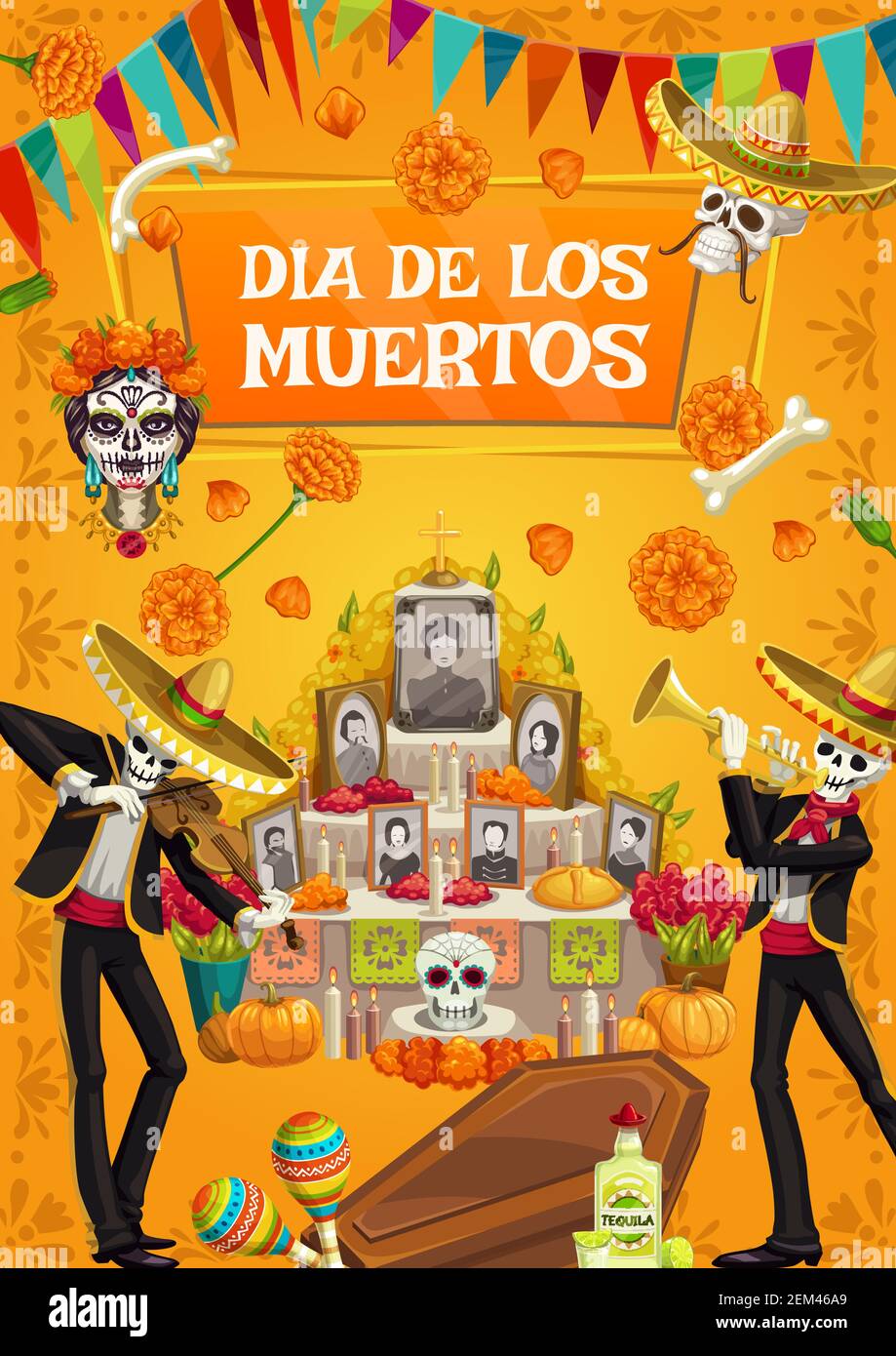Dia de los Muertos, fête mexicaine de la fête des morts, squelettes dans sombrero jouer de la musique. Célébration de la Journée des morts au Mexique, catrina calavera crâne Illustration de Vecteur