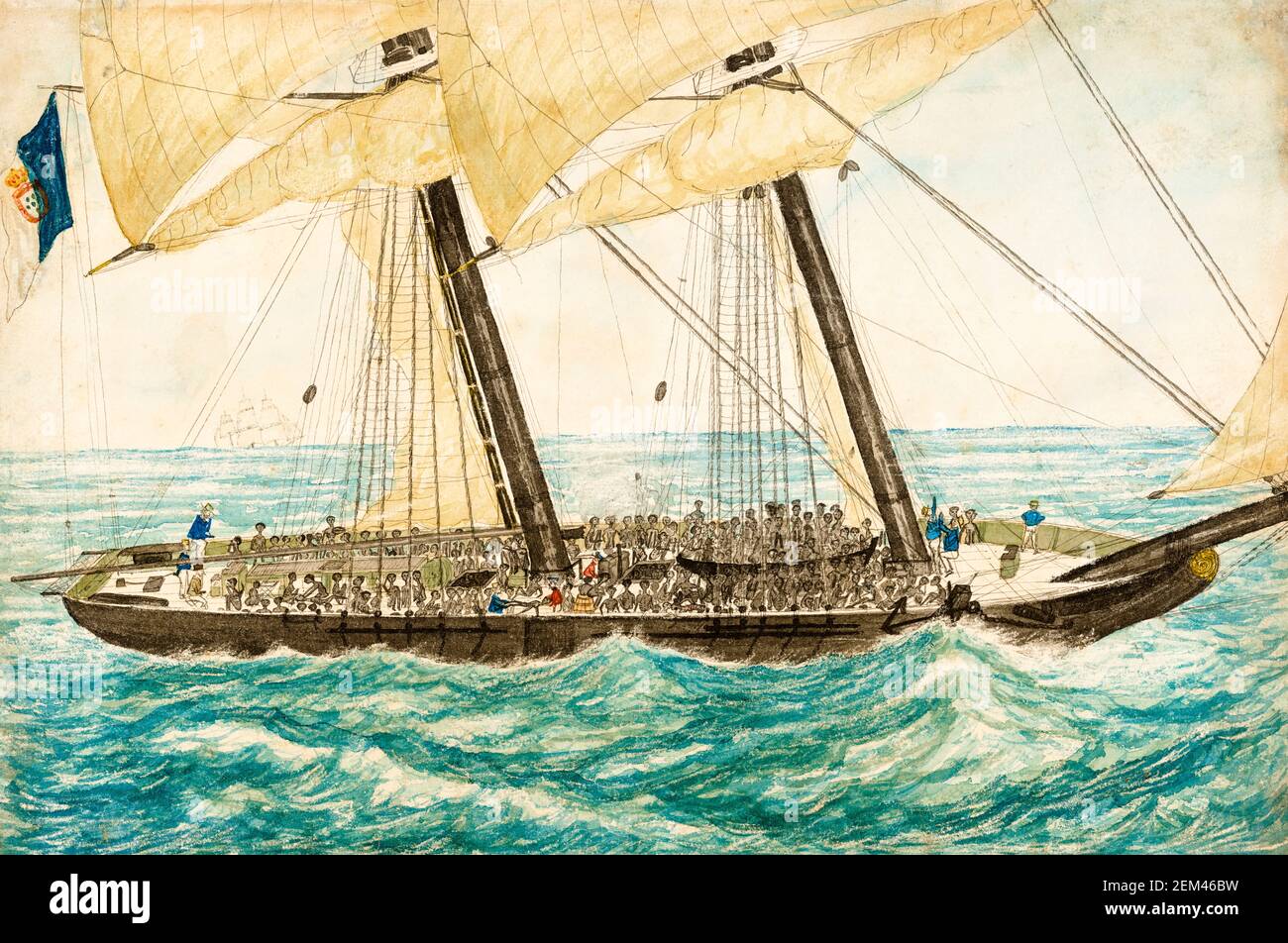 Commerce transatlantique des esclaves: Le navire-esclave portugais Diligenté capturé avec 600 esclaves à bord, peinture du lieutenant Henry Samuel Hawker, 1838 Banque D'Images