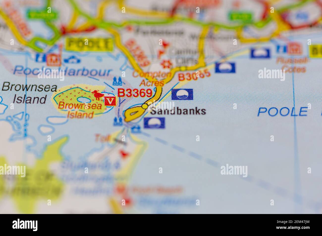Sandbanks affichés sur une carte routière ou une carte géographique Banque D'Images