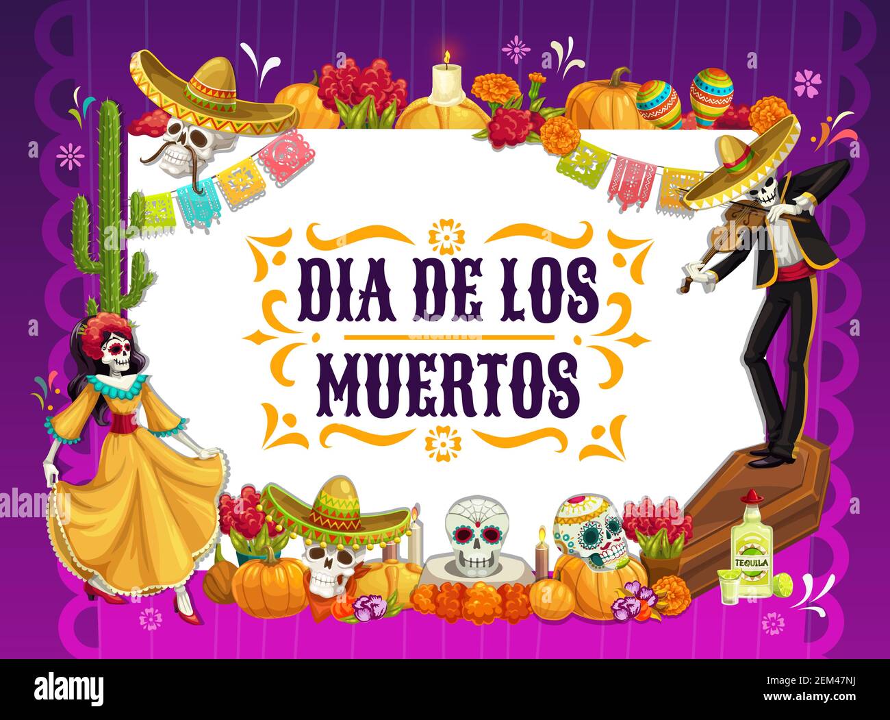 Motif mexicain jour des morts avec crânes et citrouilles d'Halloween. Catrina et danse du squelette mariachi avec le festival Dia de los Muertos sombr Illustration de Vecteur