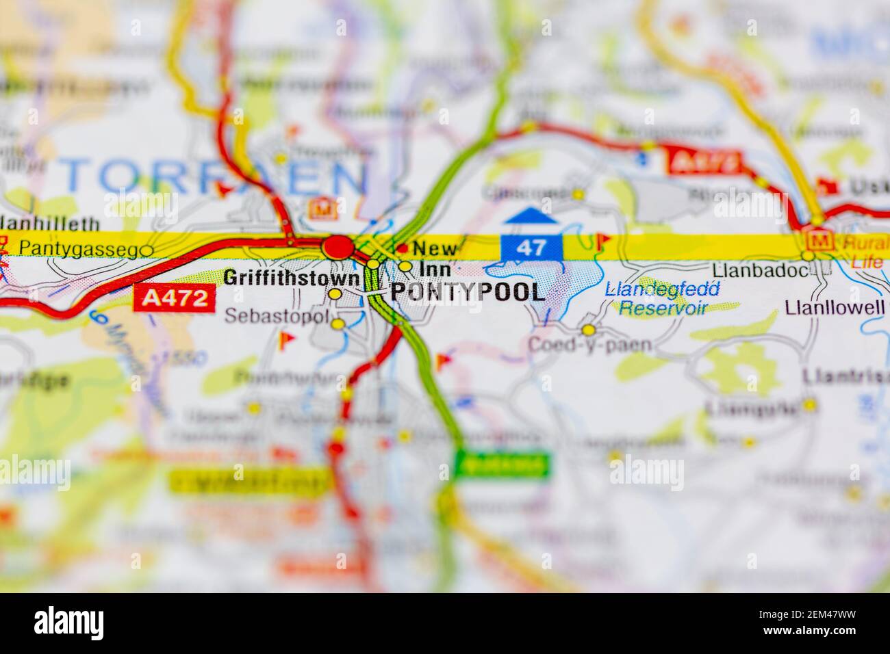 Pontypool illustré sur une carte routière ou une carte géographique Banque D'Images
