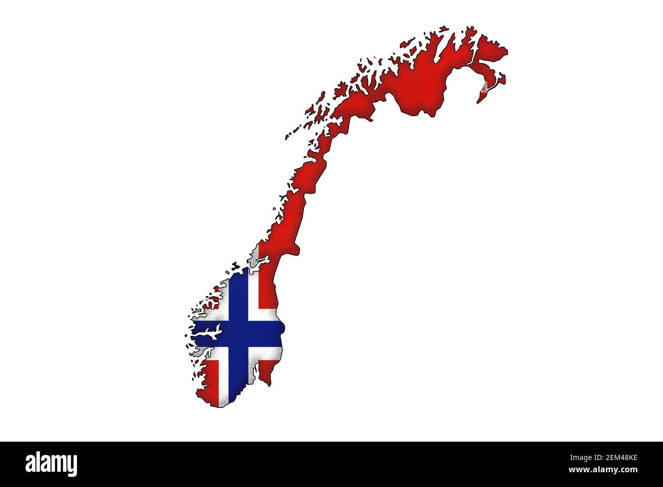 Silhouette de la frontière norvégienne avec drapeau national isolé sur fond blanc avec espace de copie. Contour du pays européen du monde sur la carte géographique. Norvégien Banque D'Images