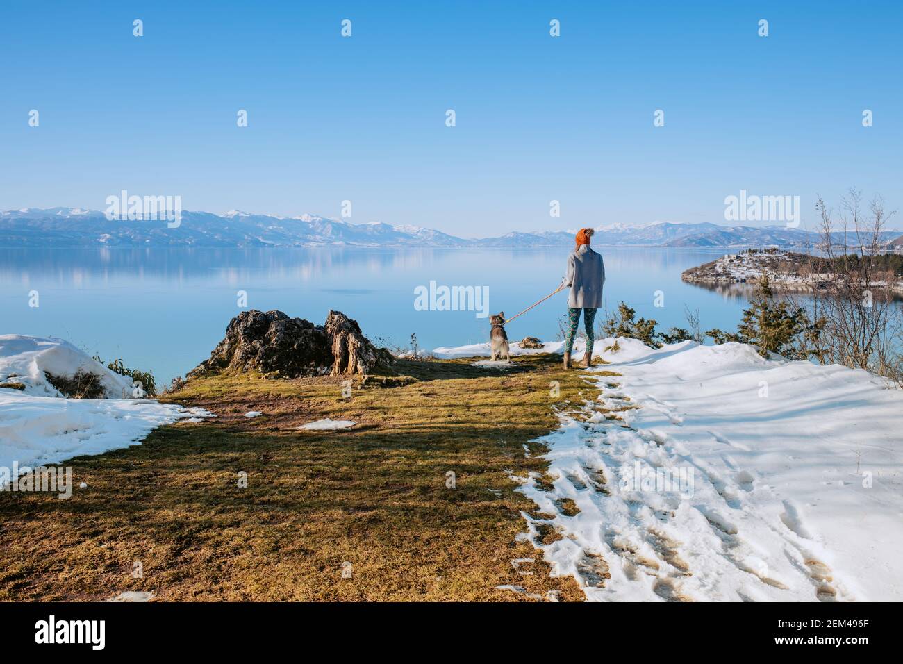 Femme marchant son chien sur une rive du lac en hiver Banque D'Images