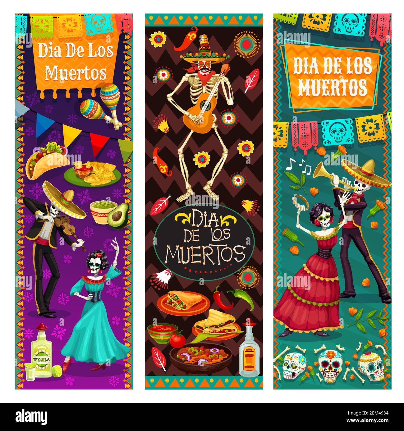 Dia de los Muertos, danse avec des morts au Mexique, vecteur. Danse sans fin de la vie et de la mort, squelettes homme et femme, symboles de vacances. Plats et boissons, t Illustration de Vecteur