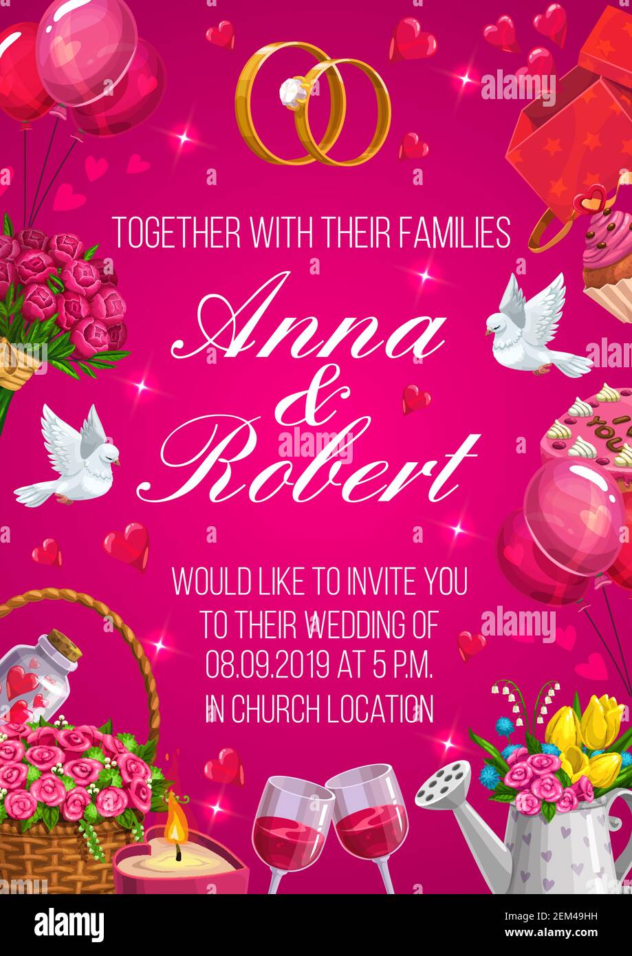 Bienvenue Dans Le Modele De Carte De Mariage Les Noms De Mariee Et De Marie Et Le Cadre Des Symboles D Amour Vecteur Enregistrer La Date Invitation A La Ceremonie De Mariage Lettrage