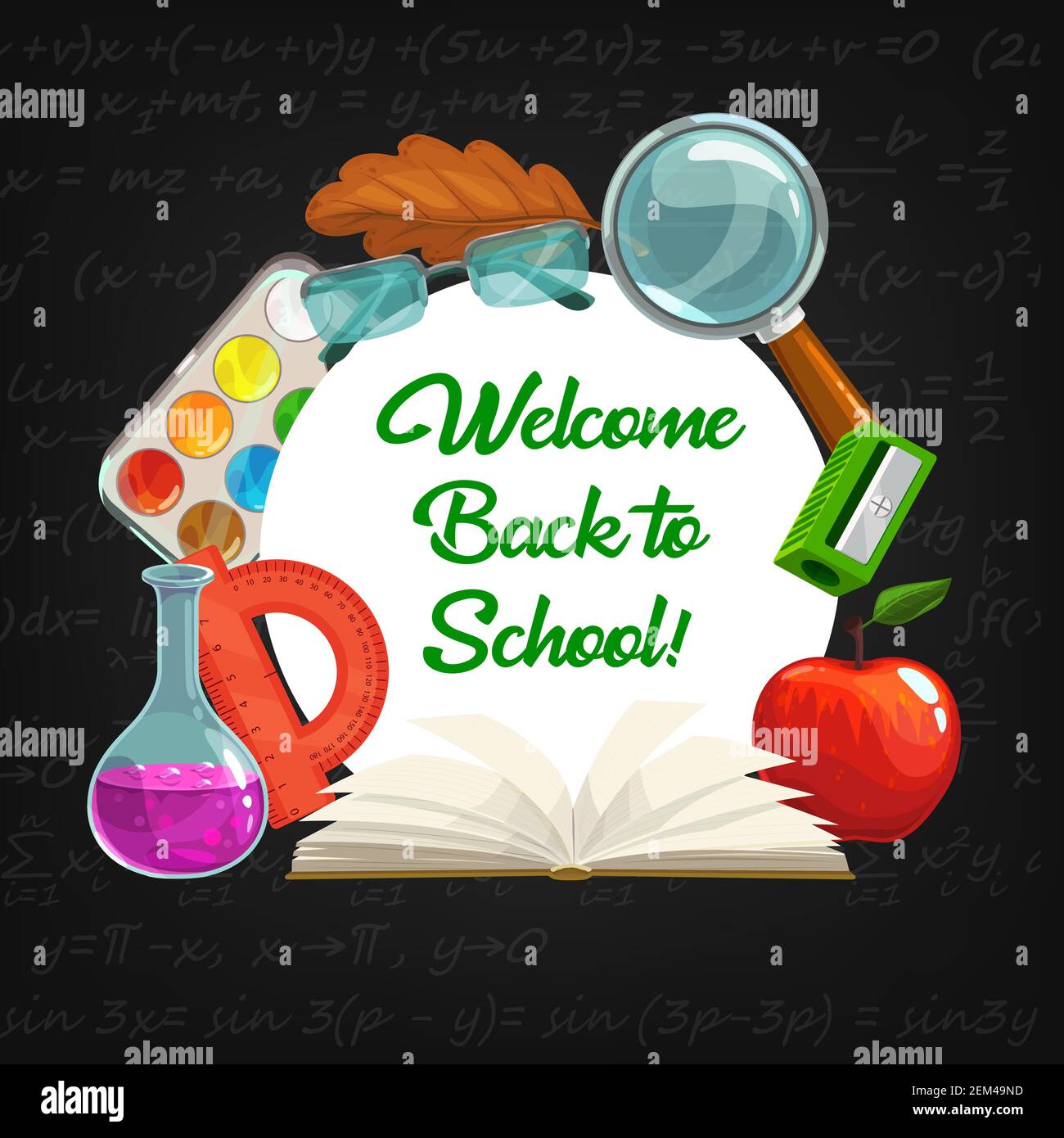 Fournitures pour étudiants et pour l'éducation, Bienvenue Retour à l'école conception de vecteur. Livre, carnet et règle, taille-crayon, pomme et loupe, tube chimique, lunettes Illustration de Vecteur