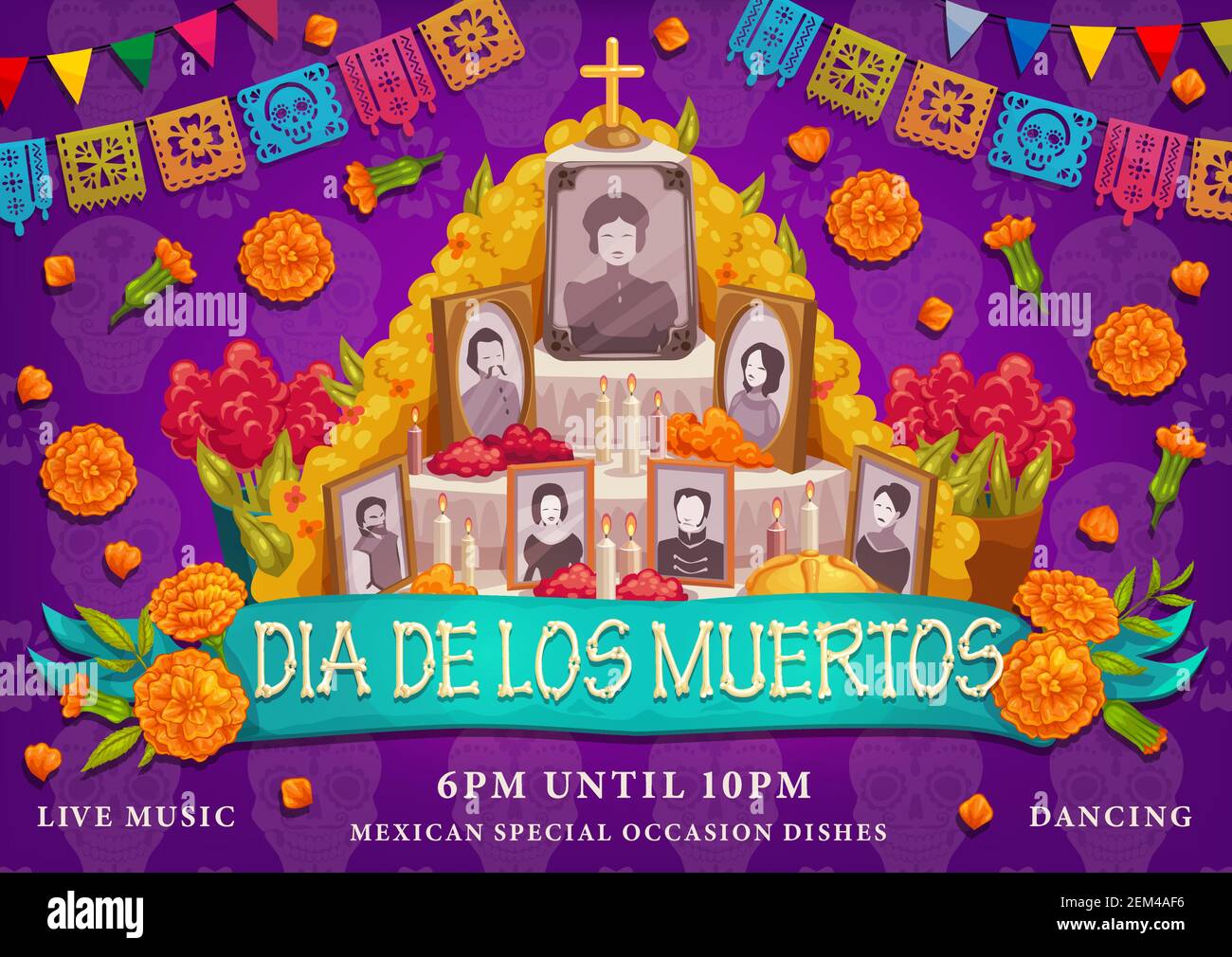 Dia de los Muertos ou jour des morts vacances traditionnelles mexicaines. Vector Dia de los Muertos autel famille cadres photo en fleurs marigold, croix et ritu Illustration de Vecteur