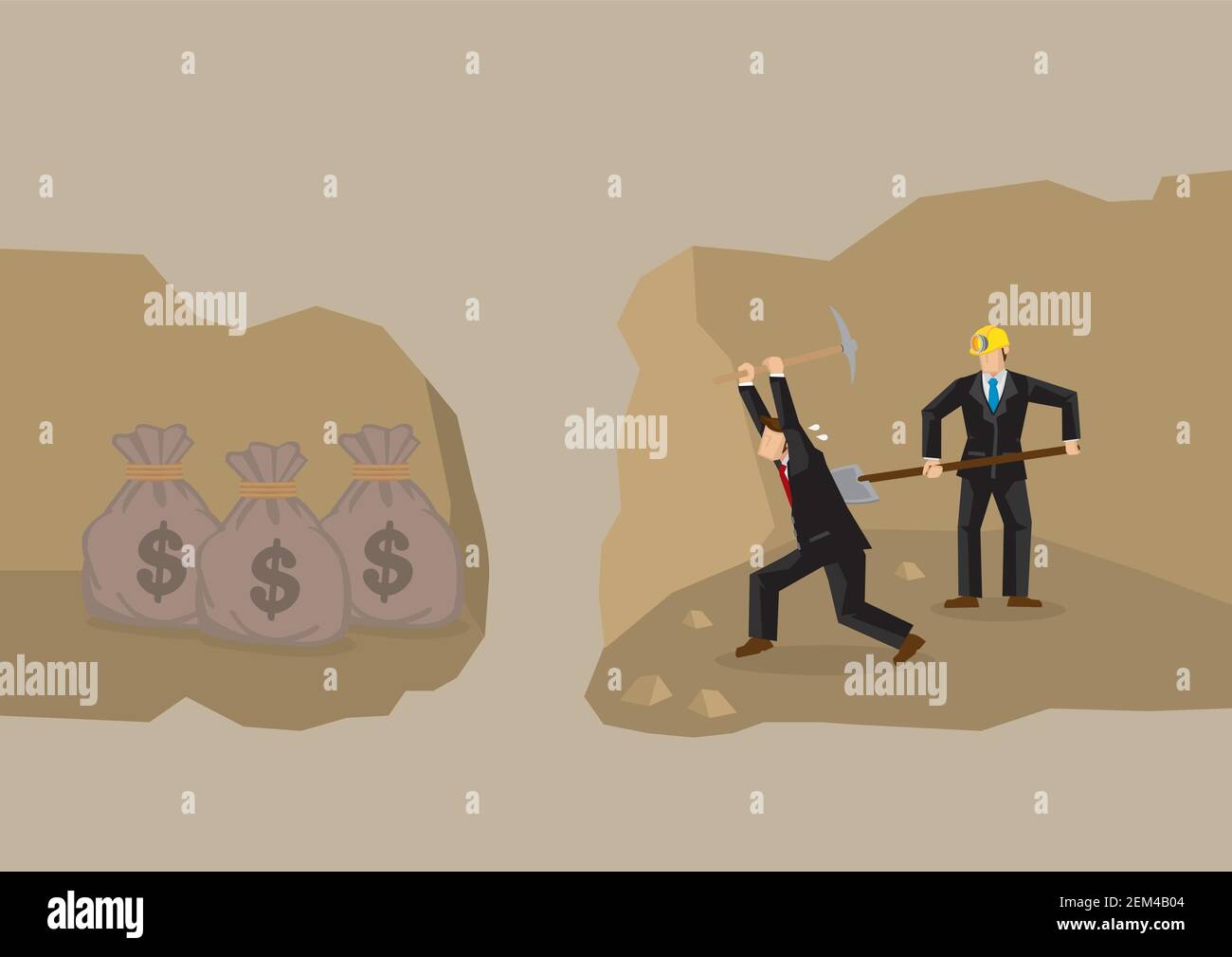 Homme d'affaires qui creusait le sol pour trouver son Trésor. Concept de l'effort d'affaires pour trouver ce qu'il veut. Illustration de Vecteur