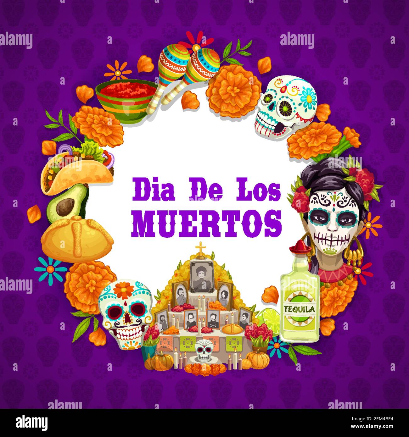 Le jour des morts ou le Dia de los Muertos symboles mexicains de vacances sur le crâne de calavera et le fond de motif floral marigold. Autel Vector Day of Dead avec phot Illustration de Vecteur