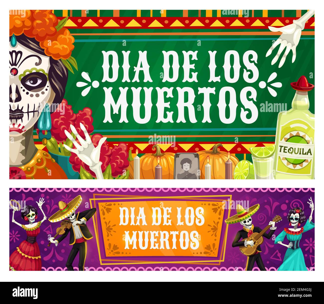 Dia de los Muertos, Fête mexicaine des morts, catrina calavera squelettes dans le sombrero jouer des maracas et de la danse. Célébration de la Journée des morts Vector, Mexique Illustration de Vecteur