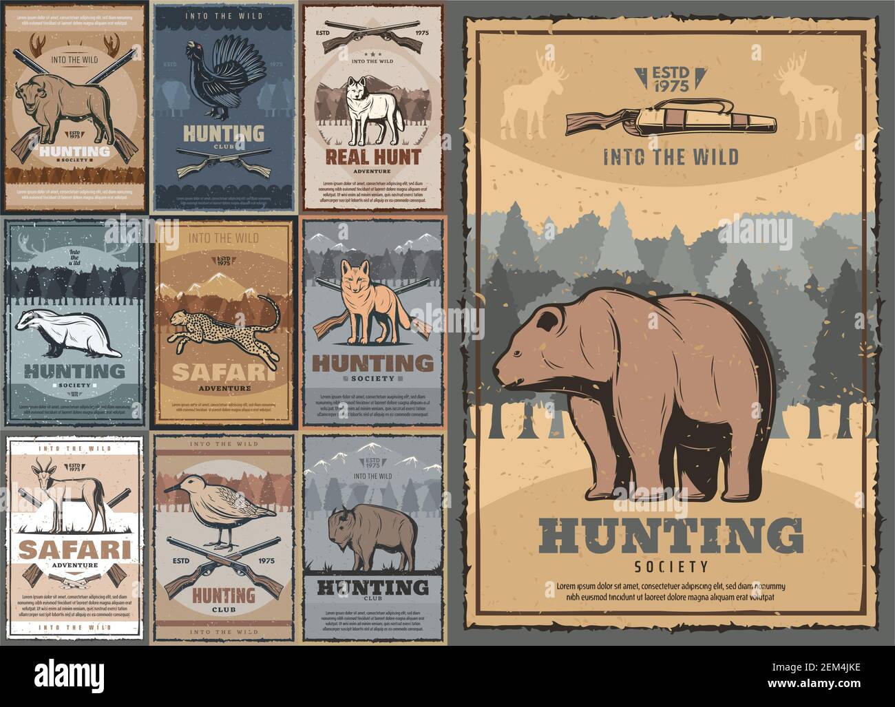Affiches de sport de chasse avec animaux sauvages, vecteur de chasse de la société club grunge vintage design, safari et forêt aventure en plein air, ours, taureau et mésse FO Illustration de Vecteur