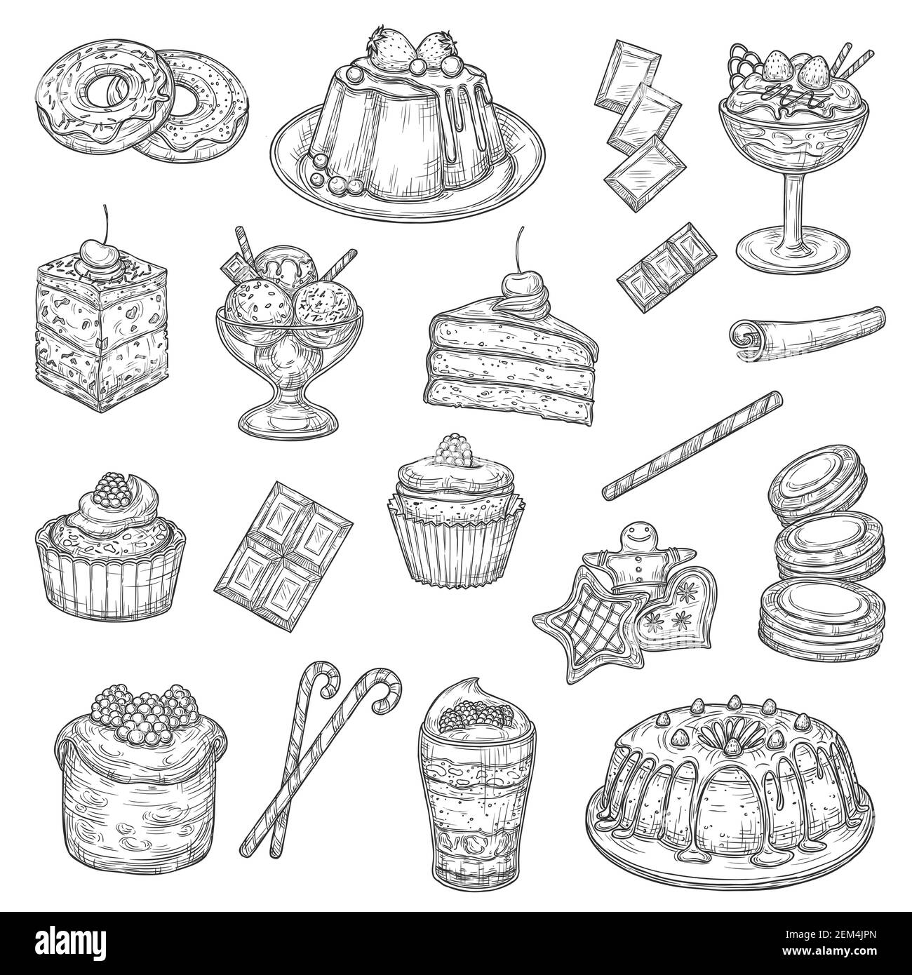 Gâteau et pâtisserie croquis de desserts de la nourriture douce. Gâteaux vectoriels, cupcakes et muffins avec crème au chocolat, tarte aux fruits, crème glacée et bonbons au chocolat, don Illustration de Vecteur