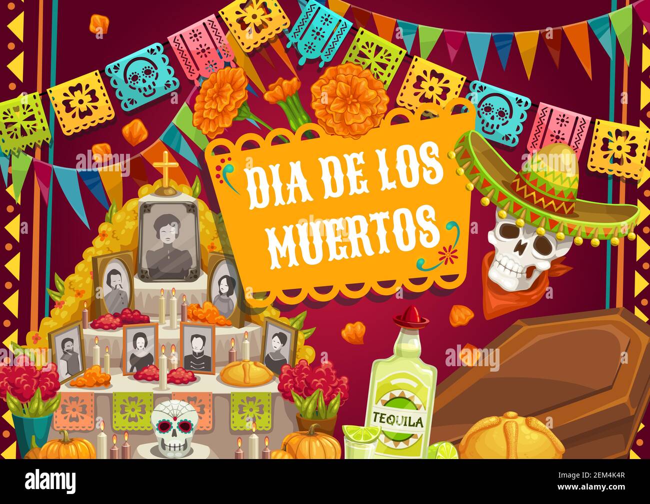 Jour de mort, vacances du Dia de los Muertos mexicain, crâne de catrina en chapeau de sombrero et drapeaux en papier. Photos de l'autel traditionnel de la journée des morts, co Illustration de Vecteur