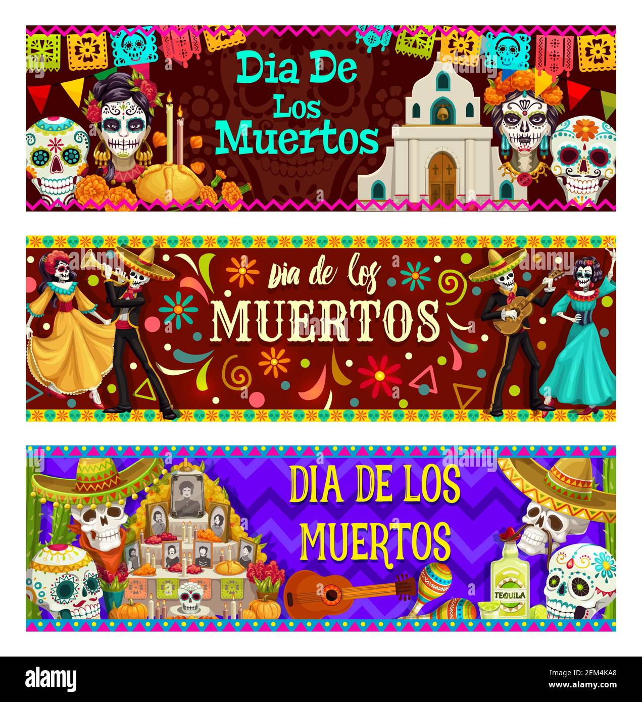 Dia de los Muertos, fête mexicaine des morts. Crânes de calavera Vector, église catholique, bougies dans le pain, têtes de catrina. Squelettes dansants, alta Illustration de Vecteur