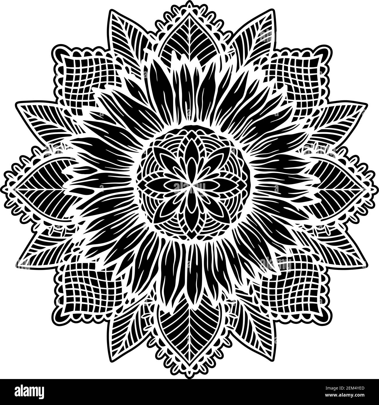 Tournesol mandala nature florale plante.fleur d'été isolée dans fond blanc.fleurs sauvages botaniques. Illustration de Vecteur