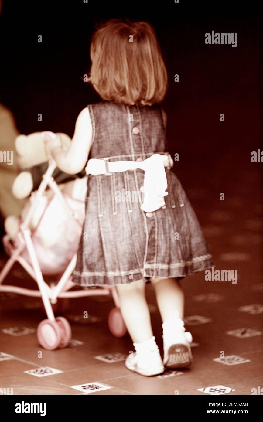 Vue arrière d'une jeune fille poussant une poussette de bébé Banque D'Images