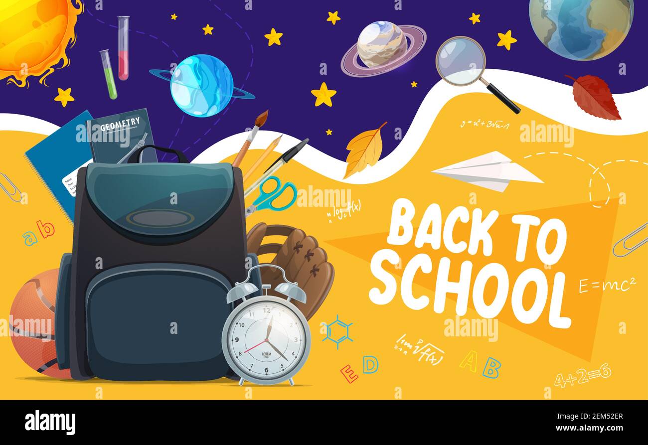 Retour à l'école fournitures et sac d'étudiant, bannière d'éducation. Livre vectoriel, crayon et stylo, bloc-notes, ciseaux, abc et sac à dos, tube de produit chimique, bru de peinture Illustration de Vecteur
