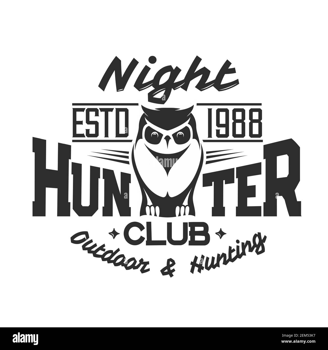 Modèle de t-shirt à imprimé chasse de nuit, chasseur club aventure. Vecteur isolé de chasse de plein air, oiseau hibou sauvage et étoiles, 1988 estd T shirt grunge pri Illustration de Vecteur