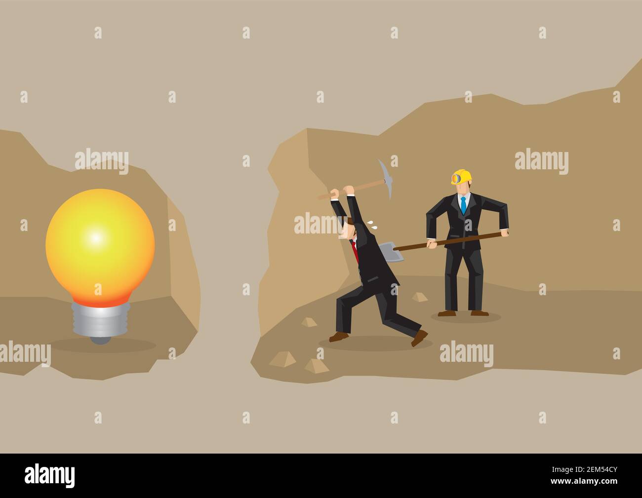 Homme d'affaires qui creusait le sol pour trouver son Trésor. Concept de l'effort d'affaires pour trouver ce qu'il veut. Illustration de Vecteur