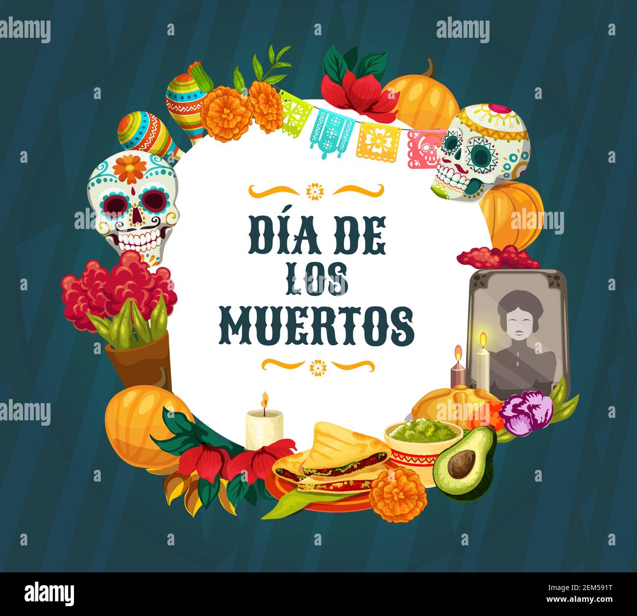 Décoration d'autel dia de los Muertos. Le jour mexicain des morts, les crânes de sucre vecteur, Catrina calavera et les fleurs de marigold, le pain doux, les bougies et mar Illustration de Vecteur