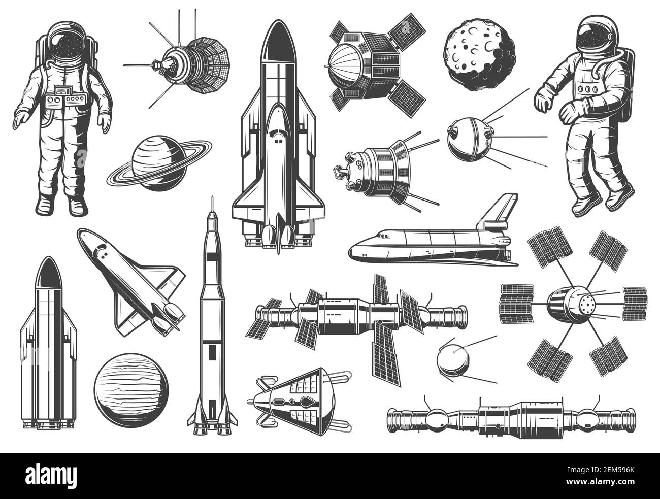 Icônes monochromes isolées de l'espace et de l'astronomie. Combinaison de spaceman Vector et rocketship, avion et navette, exploration de cosmos. Planète sur orbite, roche Illustration de Vecteur