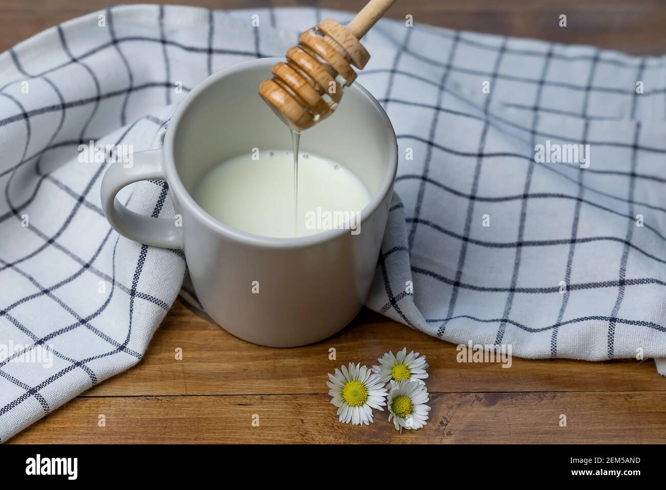 Un pot de miel verse du miel dans une tasse de lait sur une table en bois avec des pâquerettes Banque D'Images