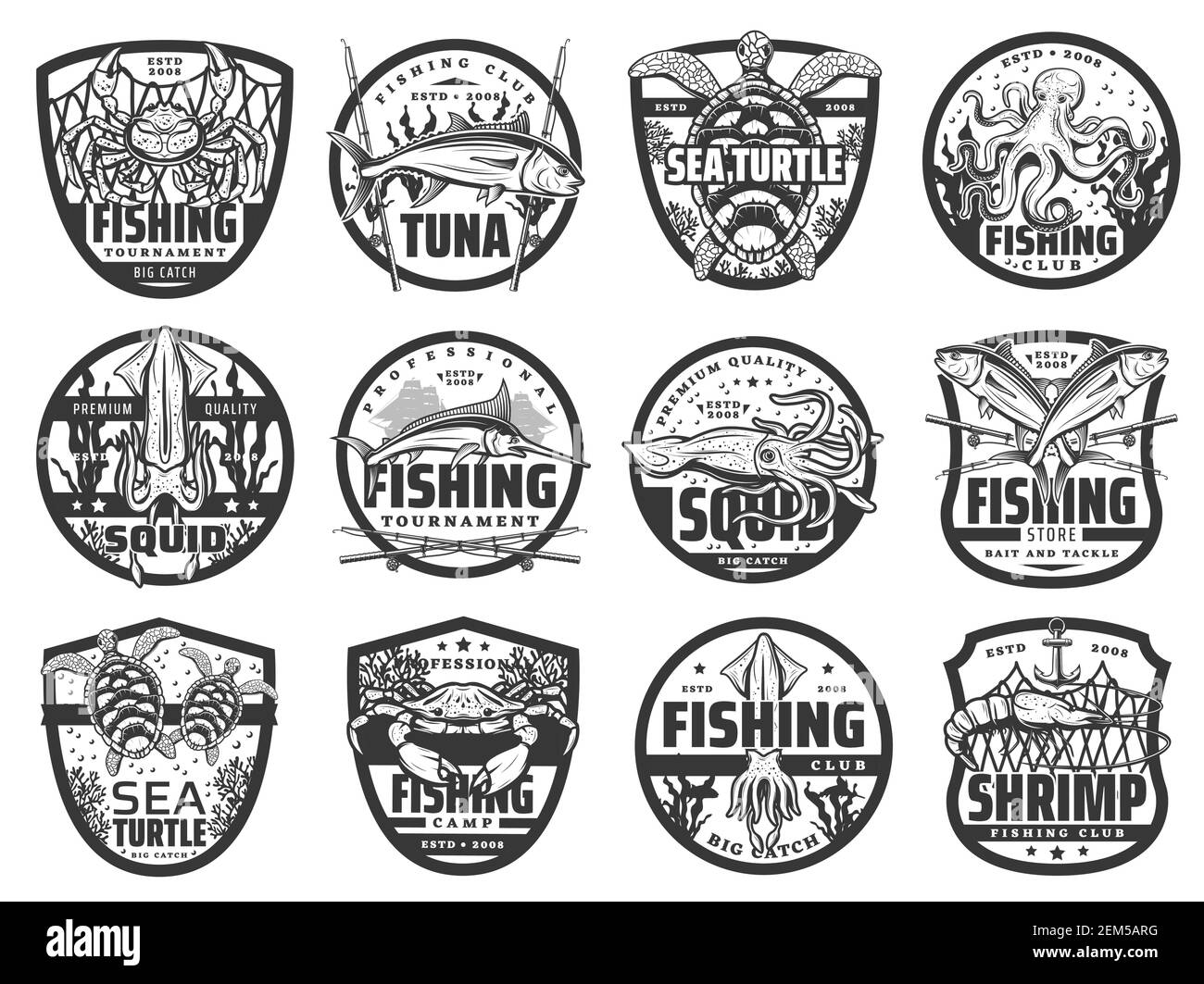 Icônes de sport de pêche et de vecteur de hobby. Étiquettes isolées de tournois de pêcheurs avec crabe et calmar, tortue de mer et pieuvre, marlin et mer sous-marine Illustration de Vecteur