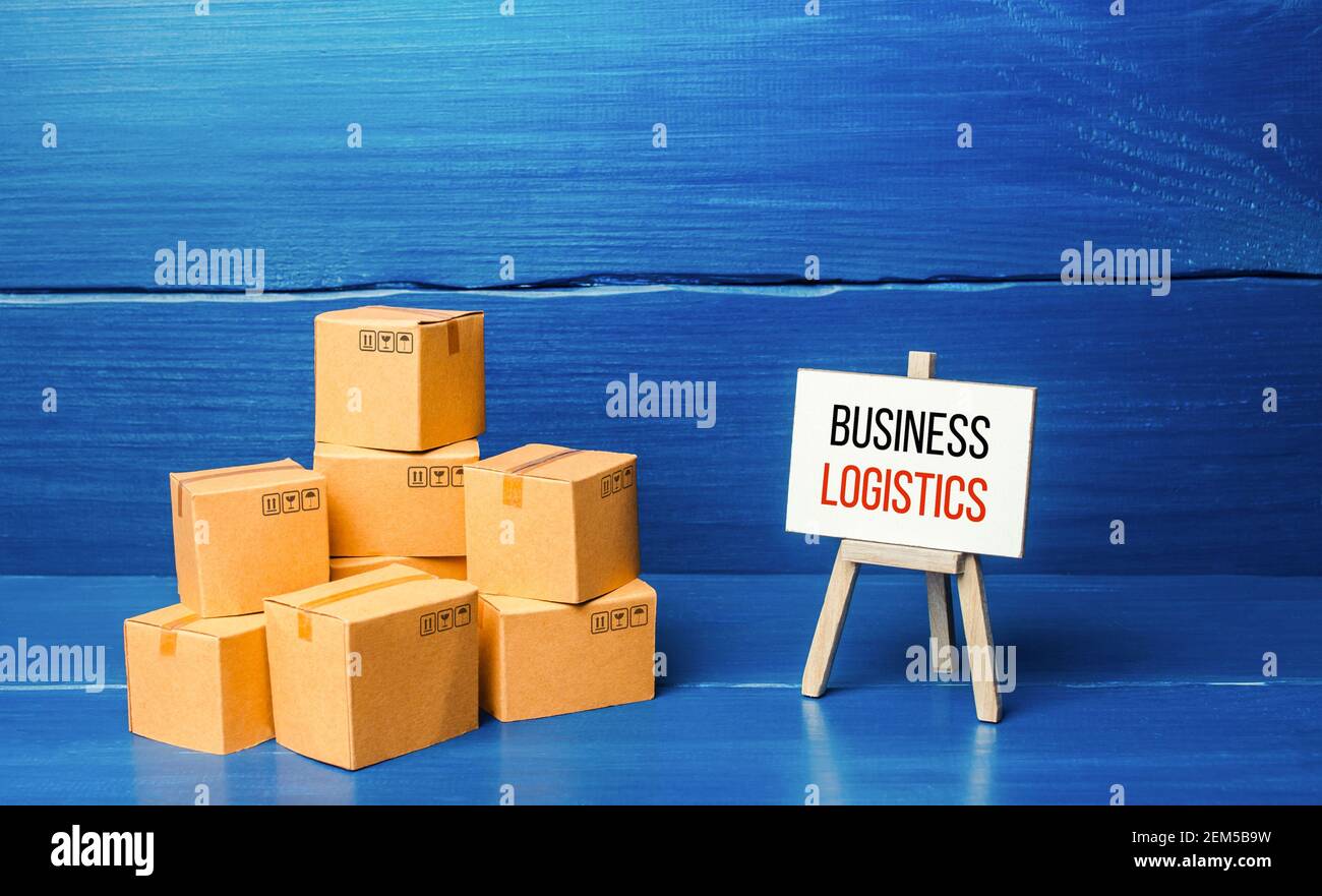 Boîtes et chevalet avec la logistique d'affaires. Gestion de la chaîne d'approvisionnement et logistique d'efficacité. Engager les intermédiaires, le marketing et la publicité. Commercial Banque D'Images