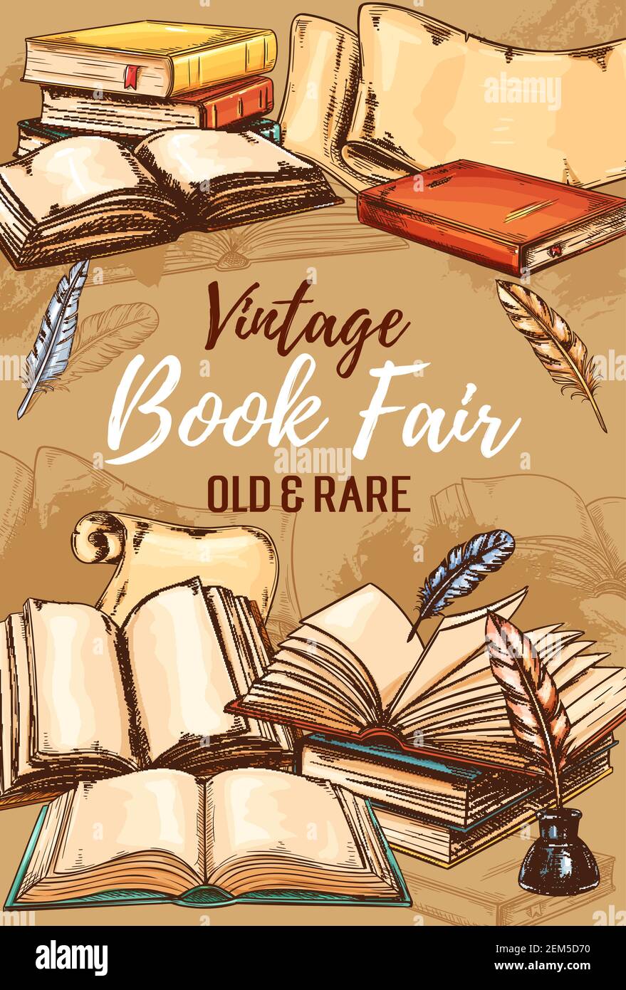 Boutique d'antiquités, foire de livres anciens ou affiche d'esquisse de librairie. Festival de la littérature vectorielle, magasin de livres rares et anciens, marché des poèmes et des romans d'antiquité, Illustration de Vecteur