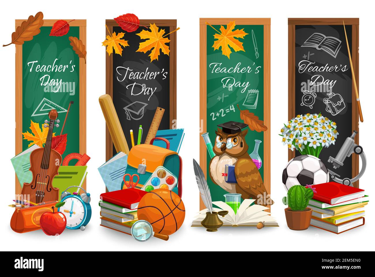 Bannières de tableau noir de la Fête des enseignants pour les vacances scolaires. Fournitures scolaires vectorielles et papeterie pour étudiants avec livres, stylos et crayons, sac pour élèves, classe cha Illustration de Vecteur