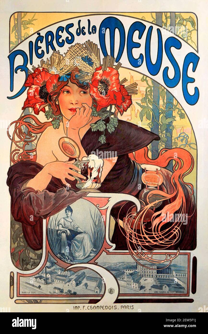 Alphonse Mucha, affiche publicitaire pour 'Bieres de la Meuse', lithographie couleur, 1897. Alfons Maria Mucha (1860 -1939) est un peintre, illustrateur et graphiste tchèque de style Art nouveau, Banque D'Images