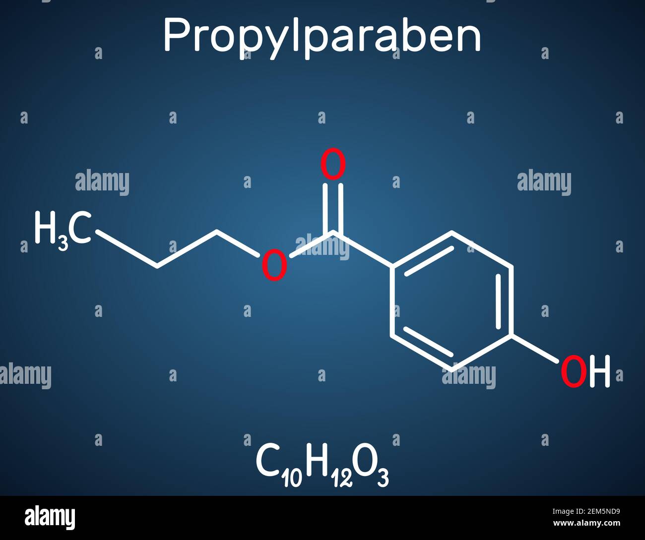 Propylparabène, molécule de propylparabène. Il s'agit d'ester de benzoate, de paraben, d'antimicrobien, de conservateur antifongique, E216. Formule chimique structurelle sur le Illustration de Vecteur