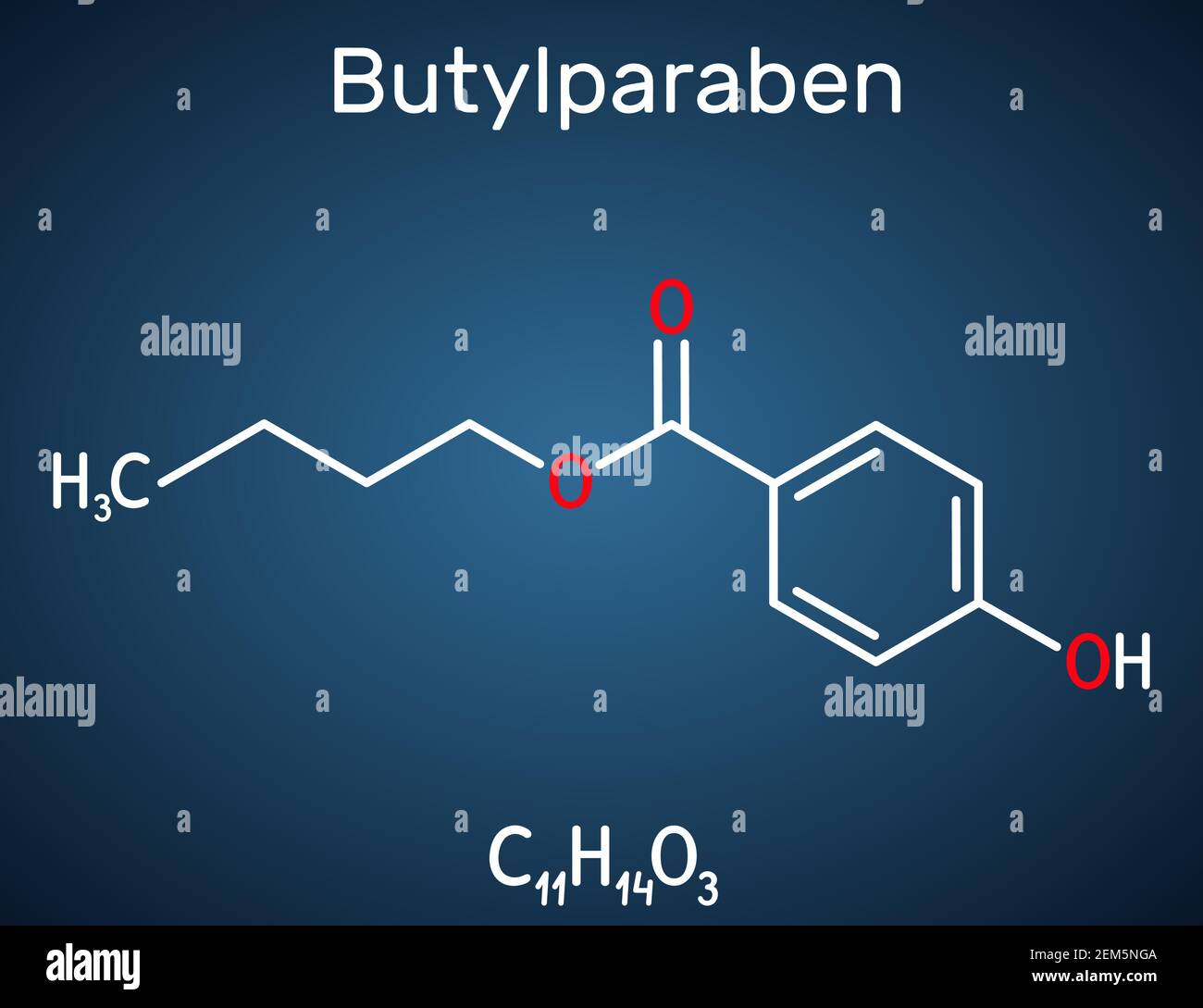 Butylparabène, p-hydroxybenzoate de butyle, molécule de parabène de butyle. Il est parabène, conservateur antimicrobien dans les cosmétiques. Formule chimique structurelle activée Illustration de Vecteur