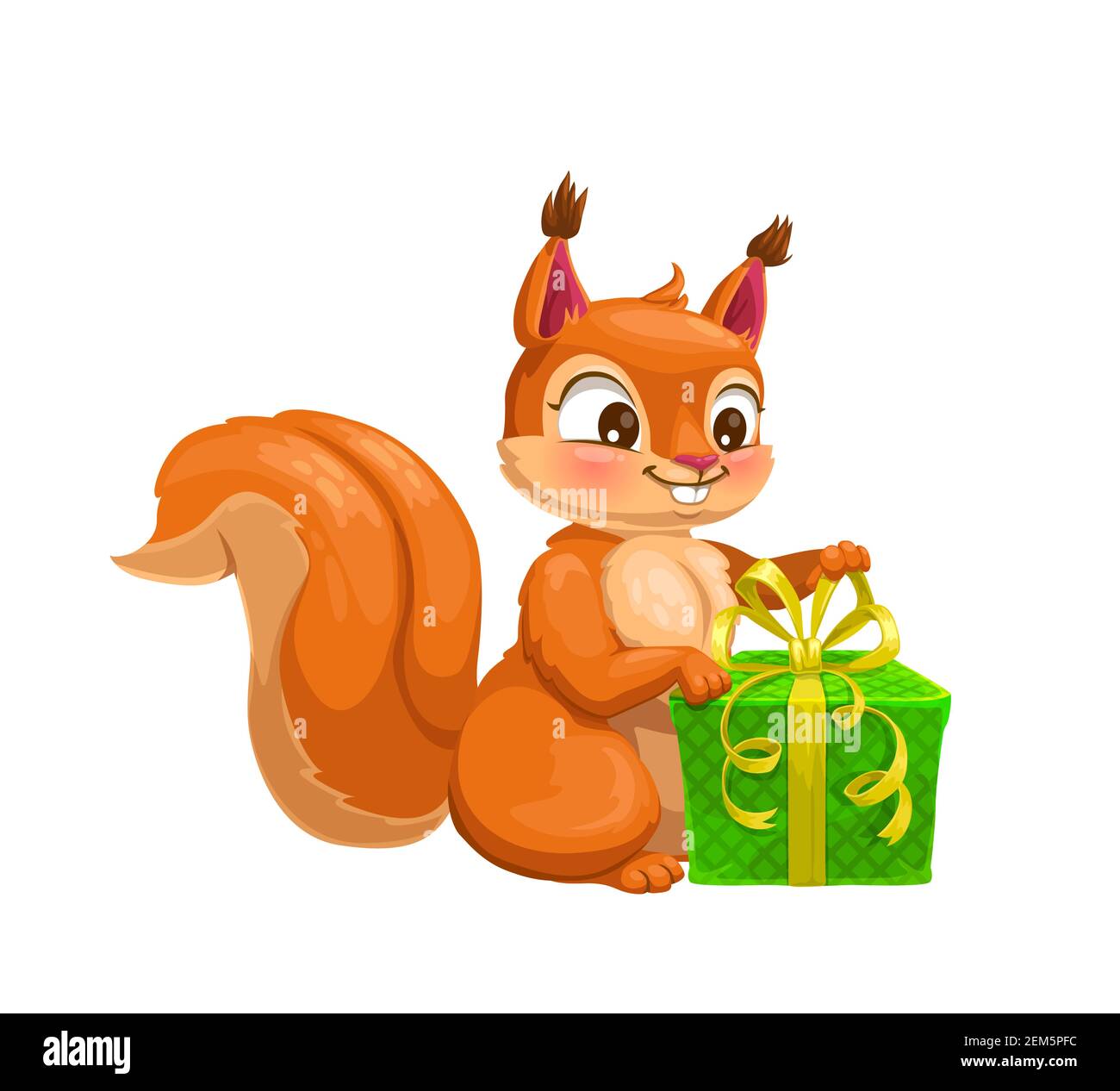 Écureuil avec boîte cadeau adorable personnage de dessin animé. Animal boisé vectoriel en fourrure rouge, queue molletonnée et présente, orné de rubans et d'un noeud. Faune ma Illustration de Vecteur