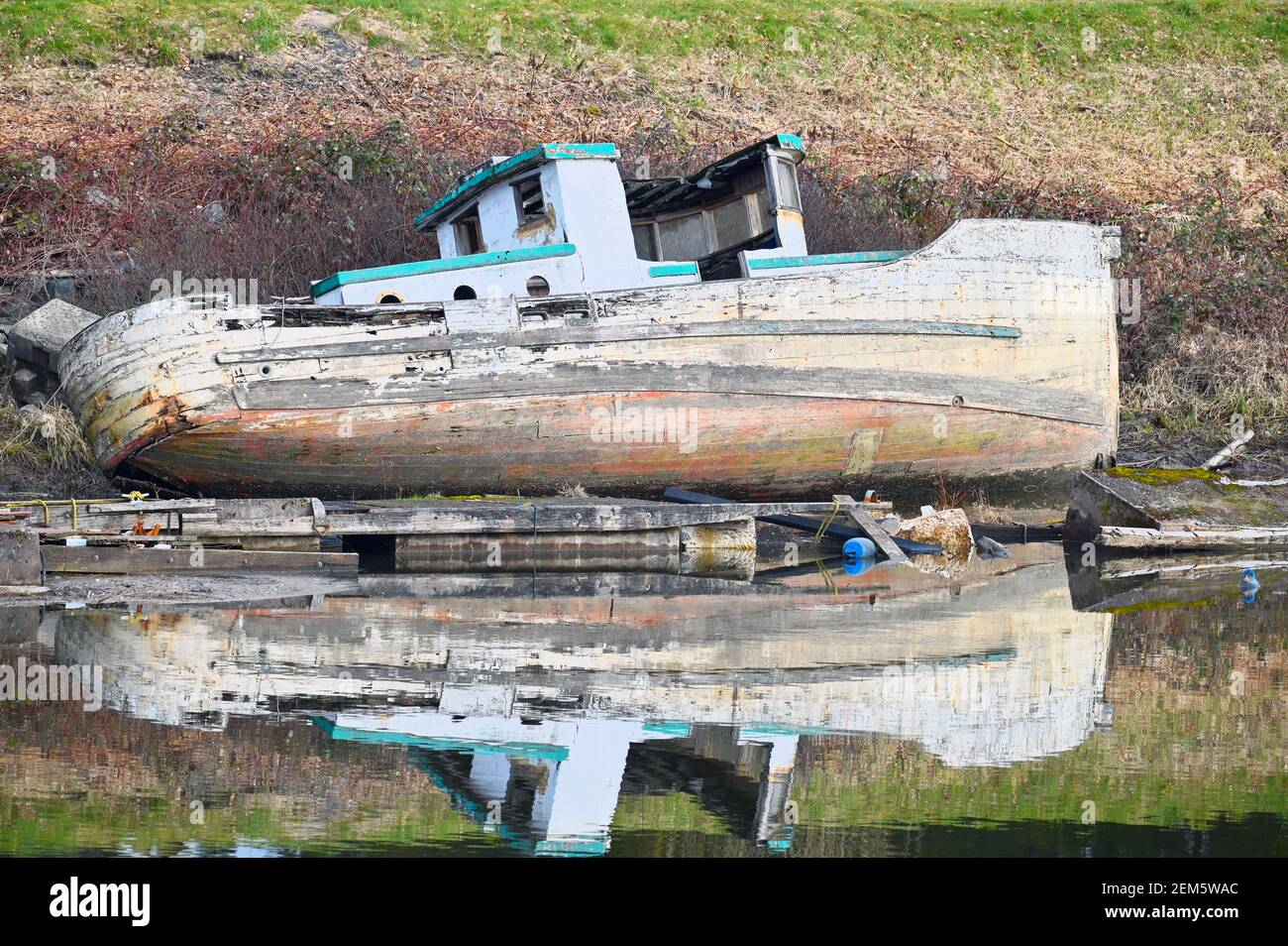 Bateau en bois délabré et abandonné avec réflexion sur la rive de la rivière Pitt, Pitt Meadows, B. C., Canada Banque D'Images