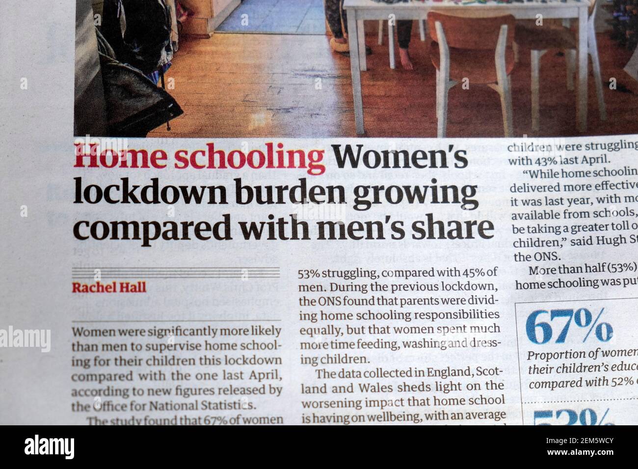 « la charge de verrouillage des femmes augmente à domicile par rapport à la part des hommes » Titre du journal gardien Article Covid à l'intérieur de la page 20 février 2021 ROYAUME-UNI Banque D'Images