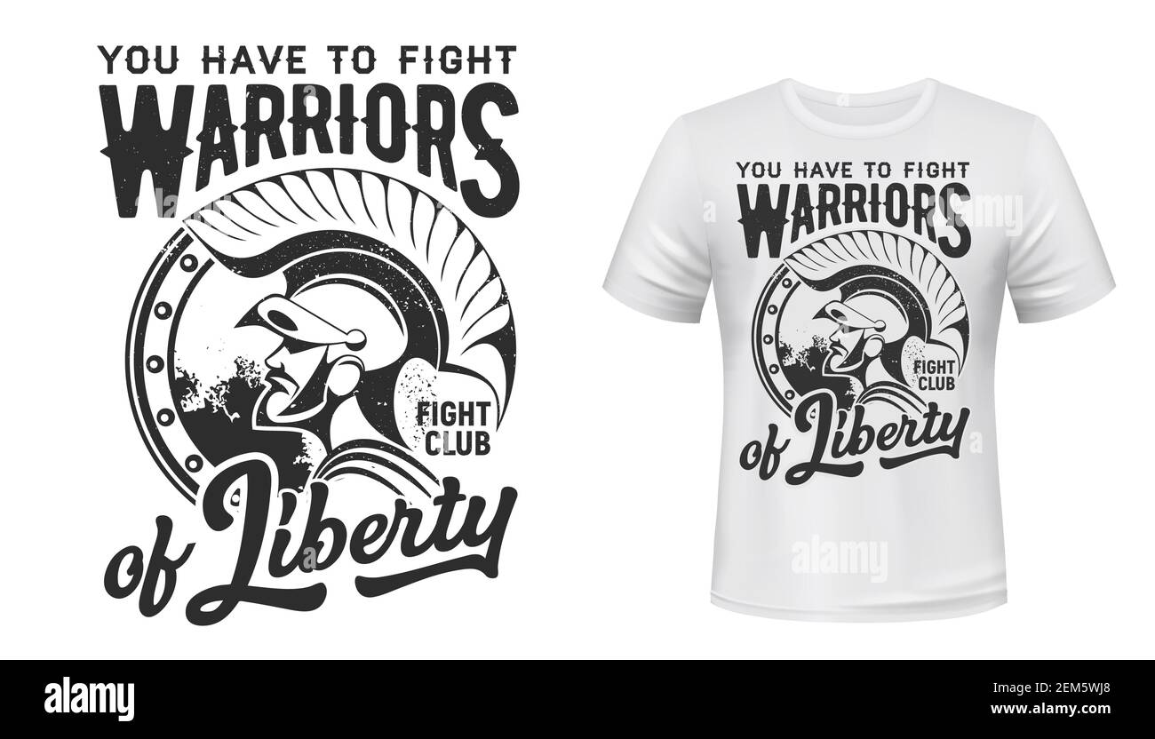 Mascotte de club de combat vectoriel à imprimé t-shirt guerrier. Vêtements avec gladiateur romain ou grec, brasure ou chevalier dans un casque avec plumage et cape, typogr Illustration de Vecteur