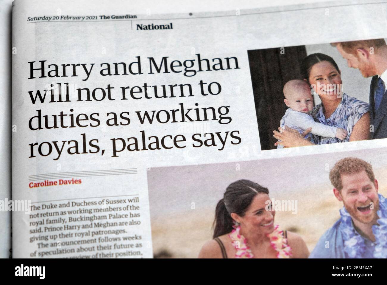 "Harry et Meghan ne reviendront pas dans les fonctions de royals en activité, selon le palais" le journal Guardian titre royals article à l'intérieur page 20 février 2021 Royaume-Uni Banque D'Images