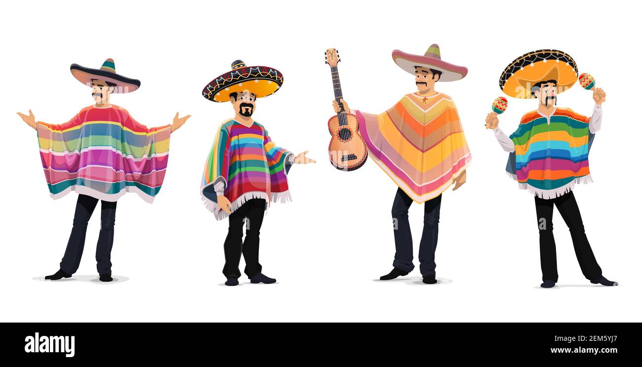 Musiciens mexicains au festival cinco de mayo. Le groupe musical Mariachi a isolé des personnages vectoriels de dessin animé jouant de la guitare et des maracas. Des hommes mexicains dans le sombrer Illustration de Vecteur