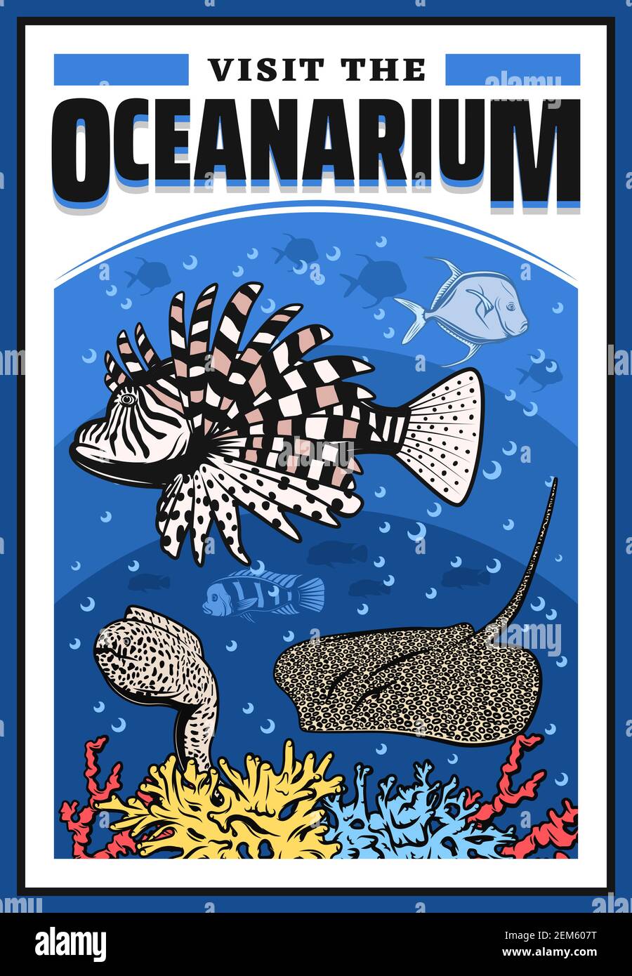 Oceanarium avec lionfish, anguille de moray, raies et coraux, spectacle de la vie sauvage sous-marine, zoo du monde sous-marin avec animaux marins marins de l'océan. Faune aquari Illustration de Vecteur