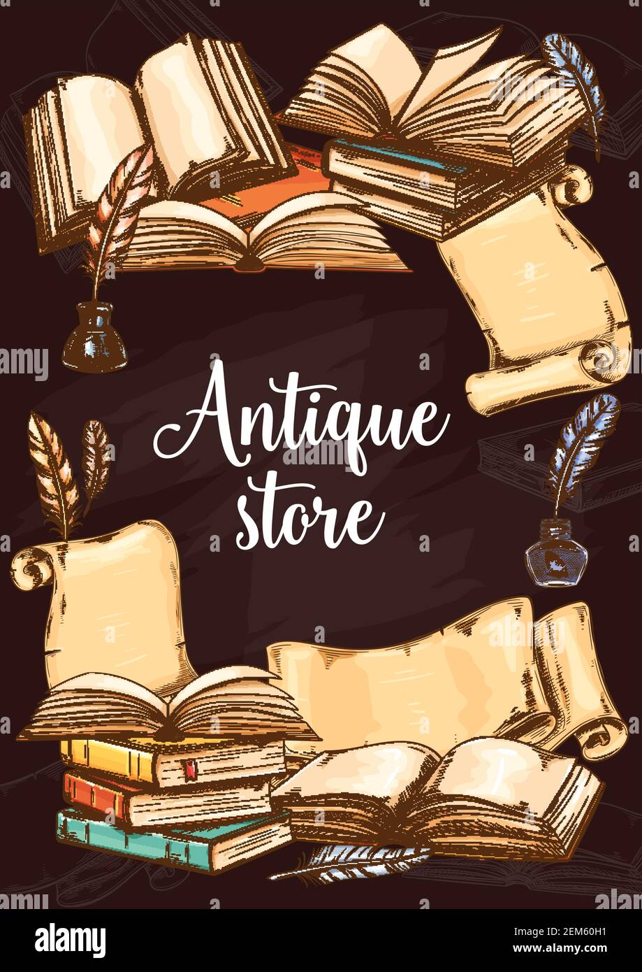 Boutique de livres anciens, affiche d'esquisse vectorielle vintage. Festival de littérature de foire ou de librairie, librairie de livres rares et anciens, marché de poèmes et de romans d'antiquité. Illustration de Vecteur