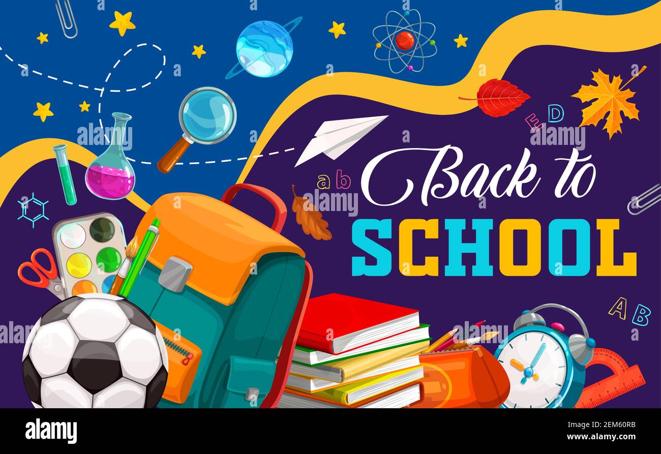 Bandeau de vecteur de retour à l'école avec fournitures pour l'éducation et les étudiants. Livres, crayons et sacs d'écoliers, règle, peinture, brosse et ciseaux, stylo, abc, chimique Illustration de Vecteur