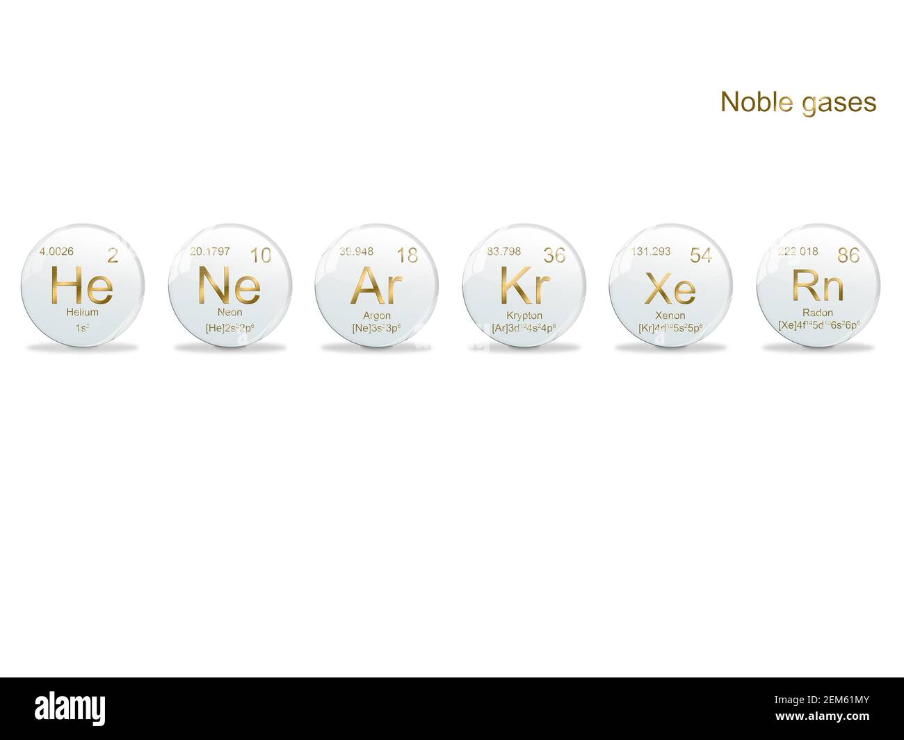 3D-Illustration, tous les symboles de gaz nobles - éléments du tableau périodique sur boule blanche avec des signes dorés. Banque D'Images