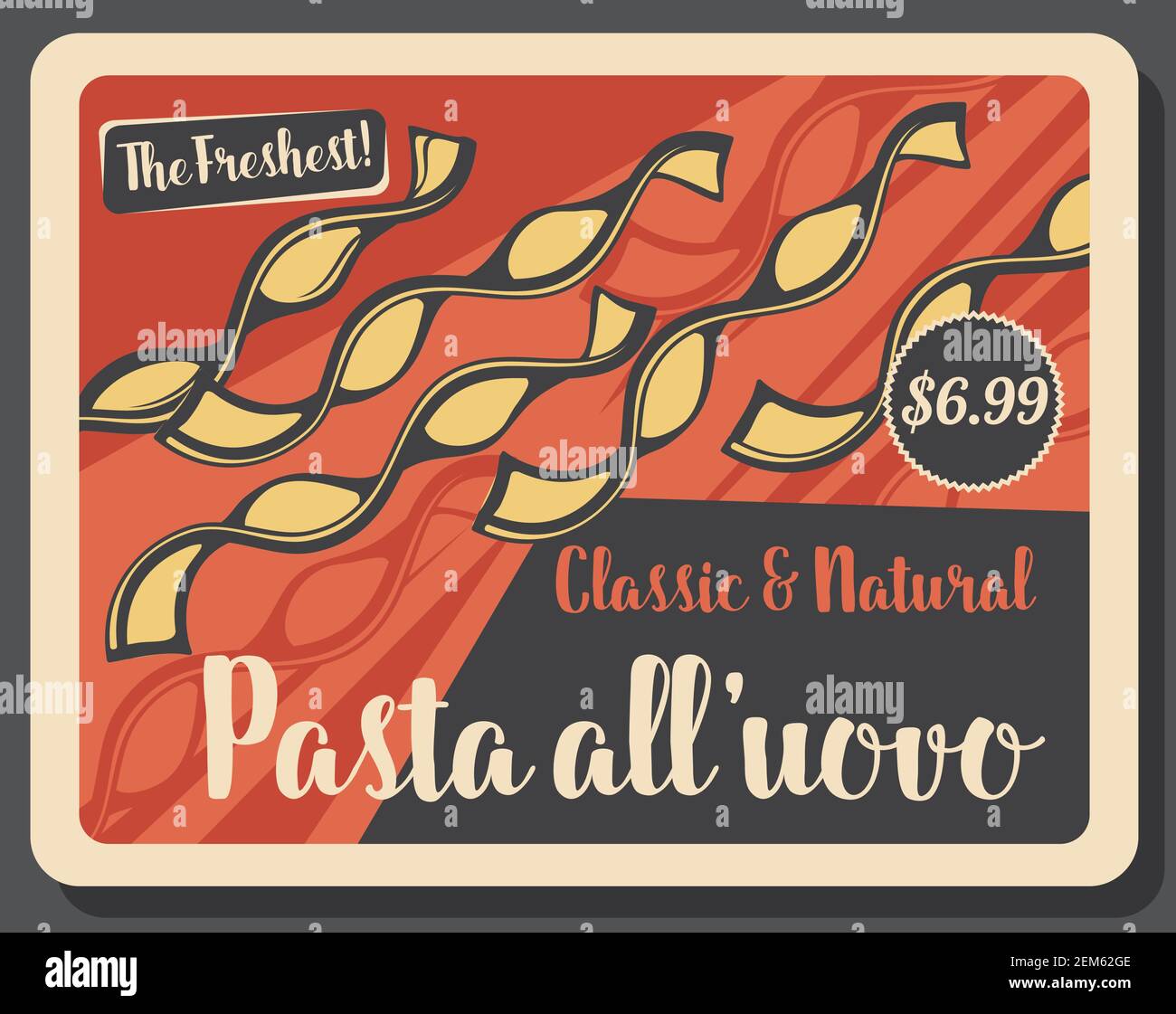 Carte de prix rétro pour pâtes All uovo. Vector cuisine italienne, pâtes aux œufs. Pâte courbée de type farine de blé, nourriture de pâte, plat de cuisine national de l'Italie. Tous Illustration de Vecteur