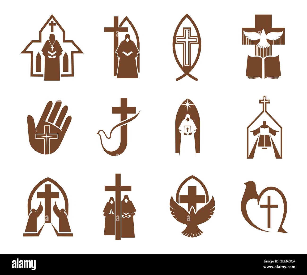 Jésus croix, bible et colombe icônes de la conception de vecteur de religion. Églises chrétiennes et catholiques, prière, prêtre et ange, livre Saint, oiseau, crucifix et Illustration de Vecteur