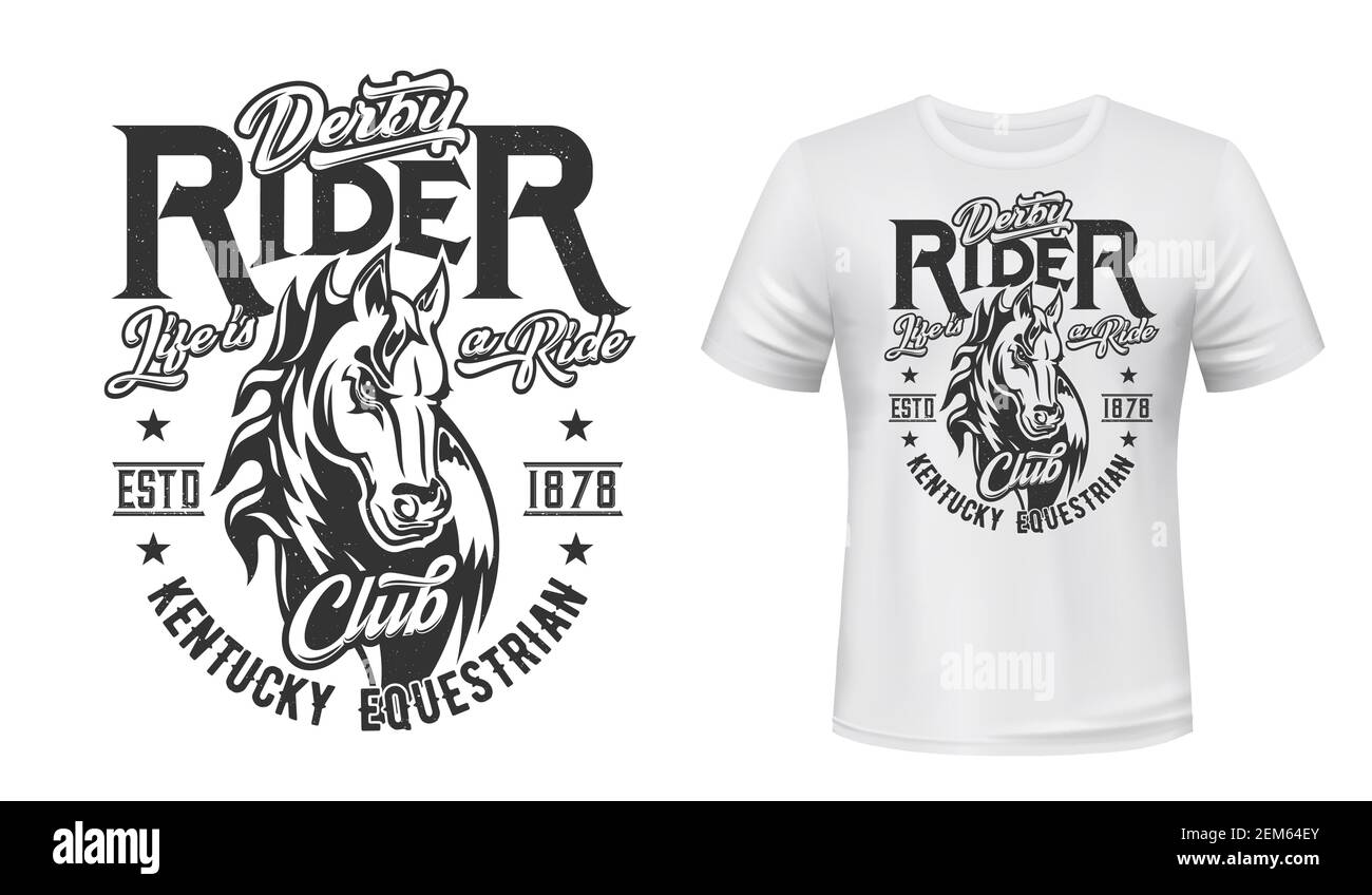 T-shirt à motif lion de cheval. Course, mascotte vecteur de club de sport équestre. Mare animal, tête de cheval monochrome et typographie de grunge sur vêtements blancs t Illustration de Vecteur
