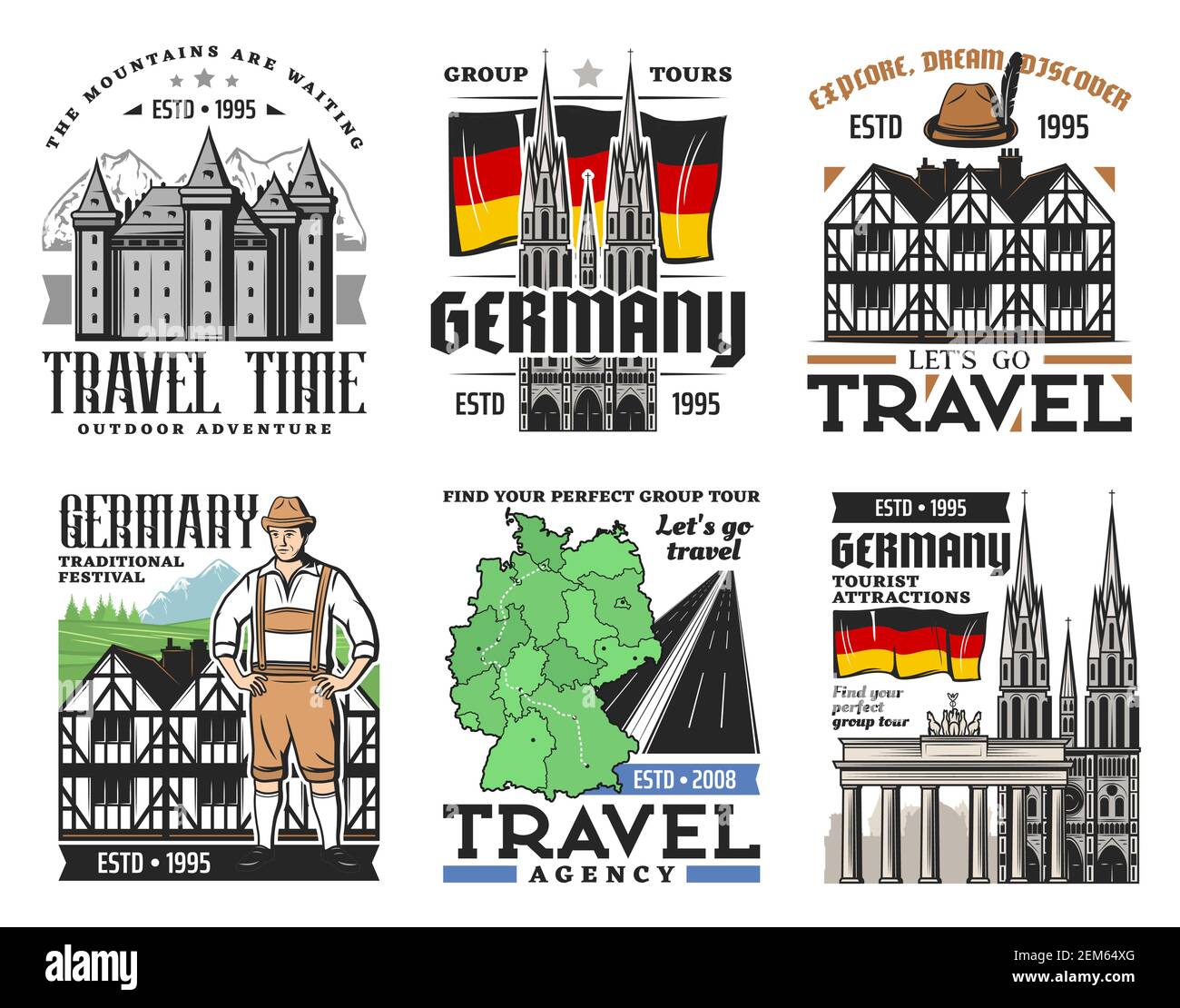 Les icônes de voyage allemandes des monuments architecturaux et du tourisme de l'Allemagne. Drapeau vectoriel, carte et bâtiments, porte de Brandebourg, château bavarois, cos nationaux Illustration de Vecteur