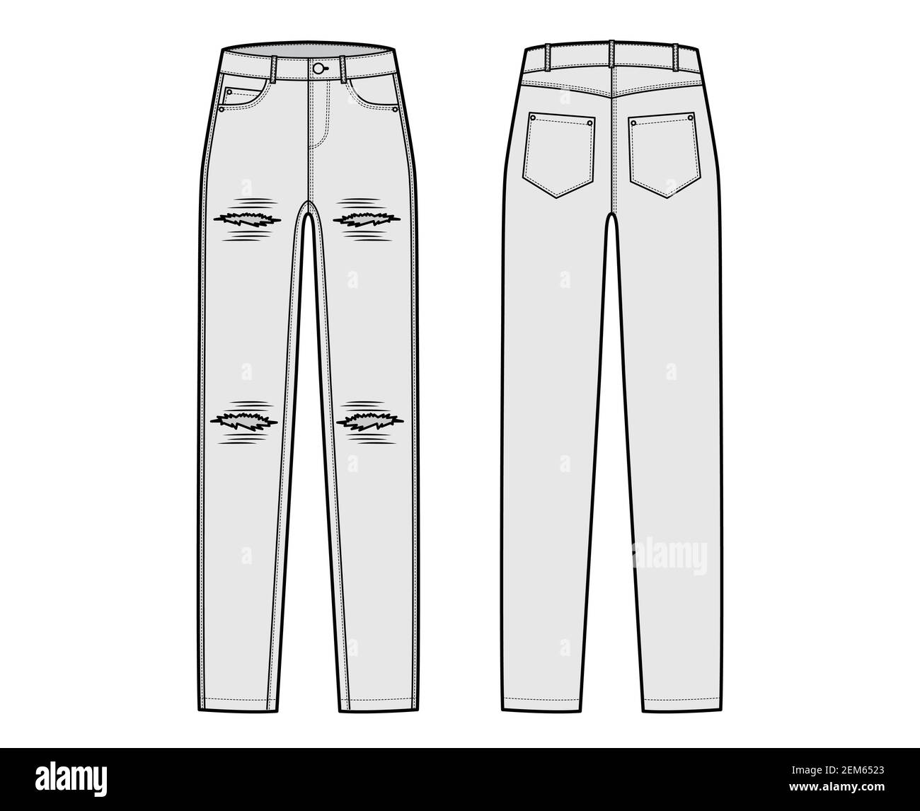 Jean aspect usé pantalons en denim technique illustration de la mode sur  toute la longueur, taille basse, taille, pièce, 5 poches, Rivets. Modèle à  fond plat à l'avant, à l'arrière, de couleur