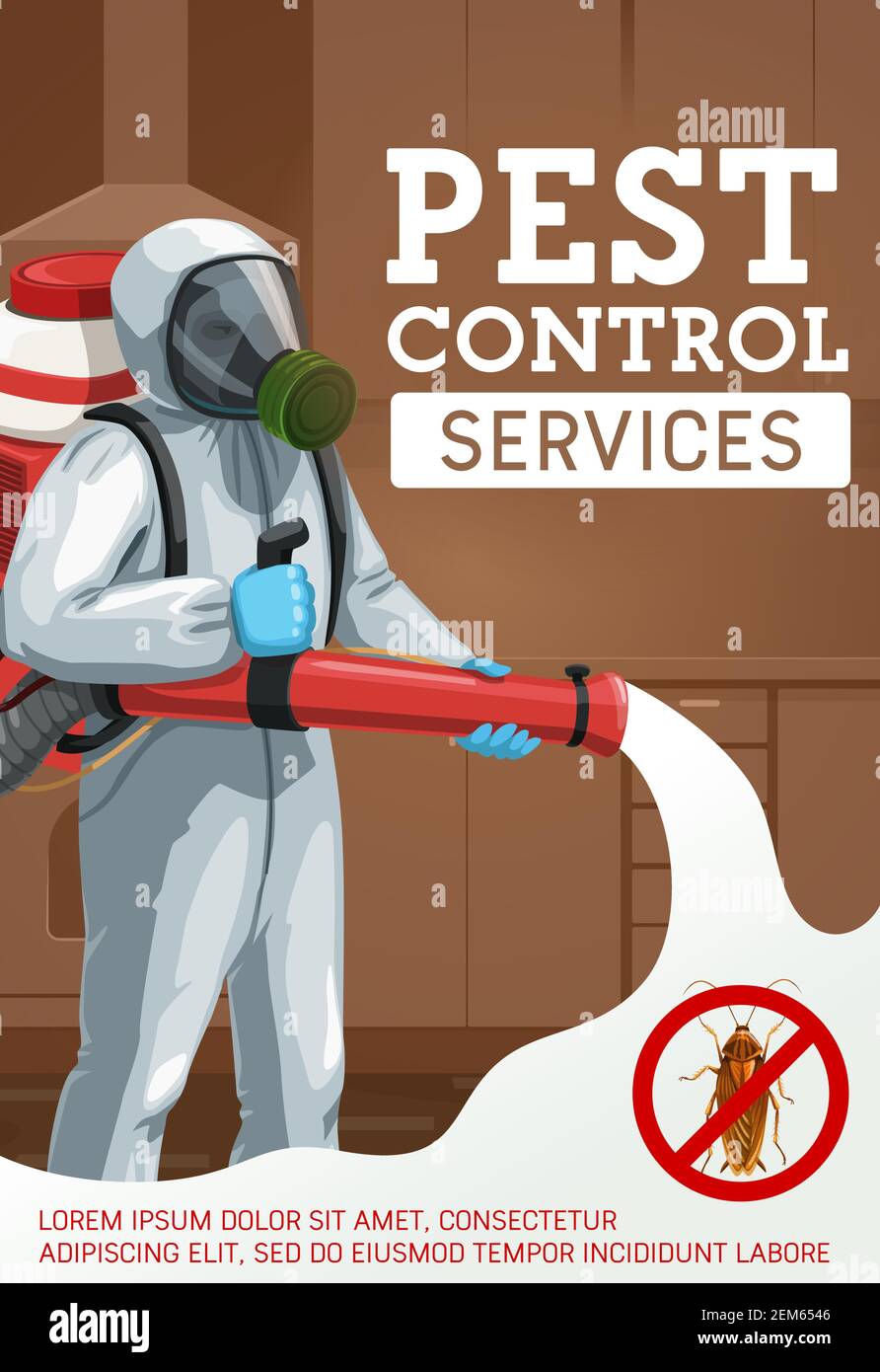 Méthode de lutte contre les insectes nuisibles par la buée froide. Un travailleur de dessin animé pulvérisant un insecticide avec un brumisateur contre les insectes. Exterminateur portant une combinaison de protection contre les produits chimiques Illustration de Vecteur