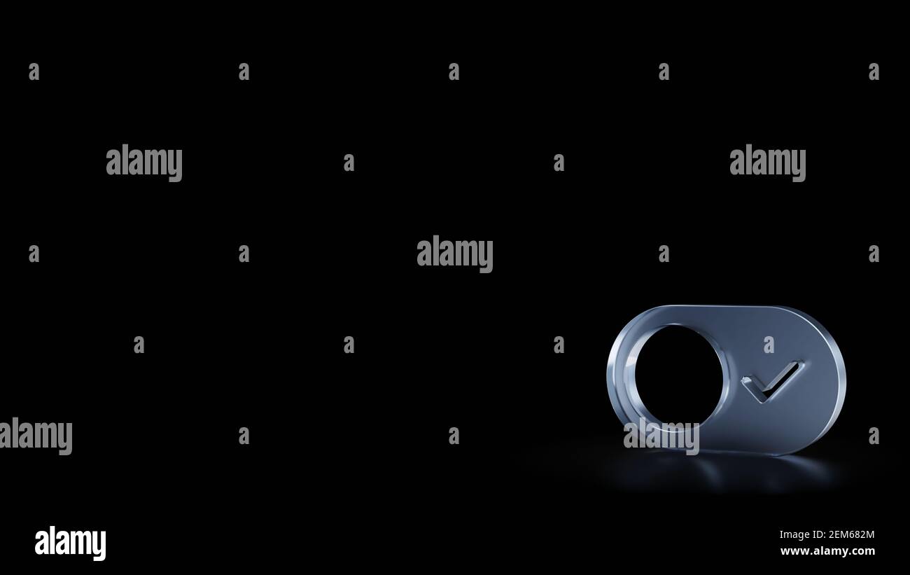rendu 3d du symbole en verre dépoli du bouton de commutation avec cochez la case isolée sur un arrière-plan noir avec des réflexions floues le sol Banque D'Images